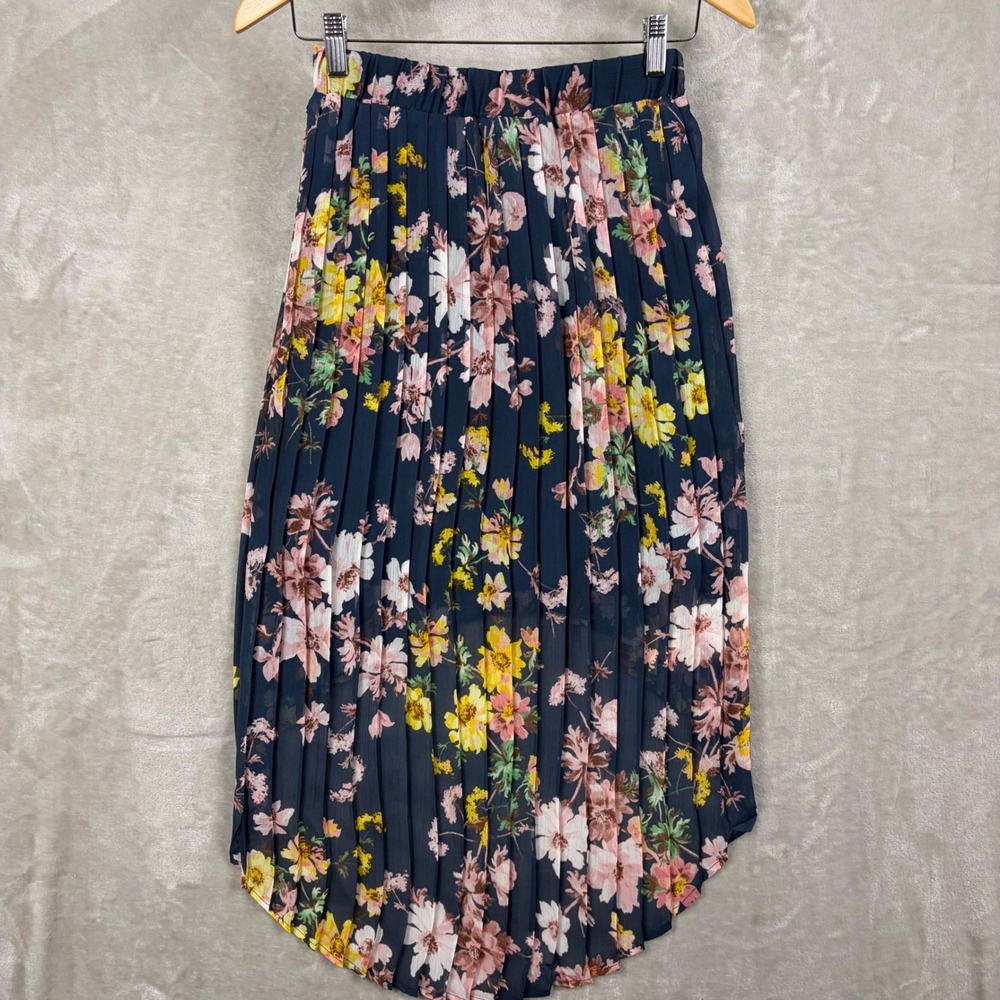 Xhilaration Skirt S Navy Blue Pleated High Low Elastic Waist Boho Dark Floral - Picture 2 of 11